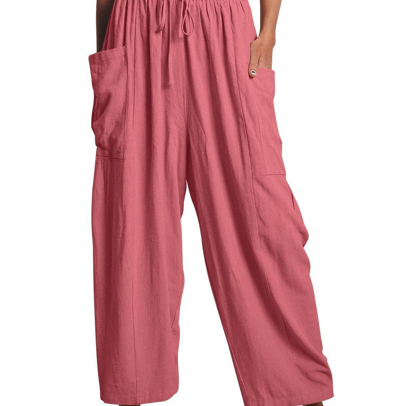 Loose Elasticated Waist Pleated Cotton Linen Wide Leg Trousers Wholesale Womens Clothing