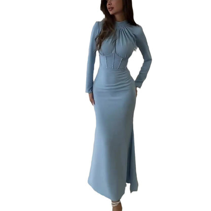 Women's Slim Long Sleeve Pleated Strap Irregular Maxi Dresses Wholesale Womens Clothing N3823122100003