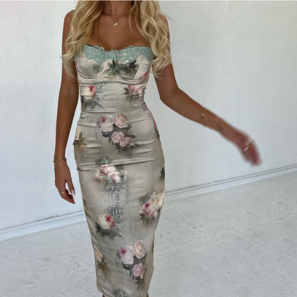 Retro Sexy Sling Skinny Rose Print Sling Dress Wholesale Dresses