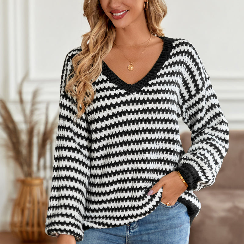 Casual V-Neck Loose Stripe Long Sleeve Sweater Wholesale Womens Tops