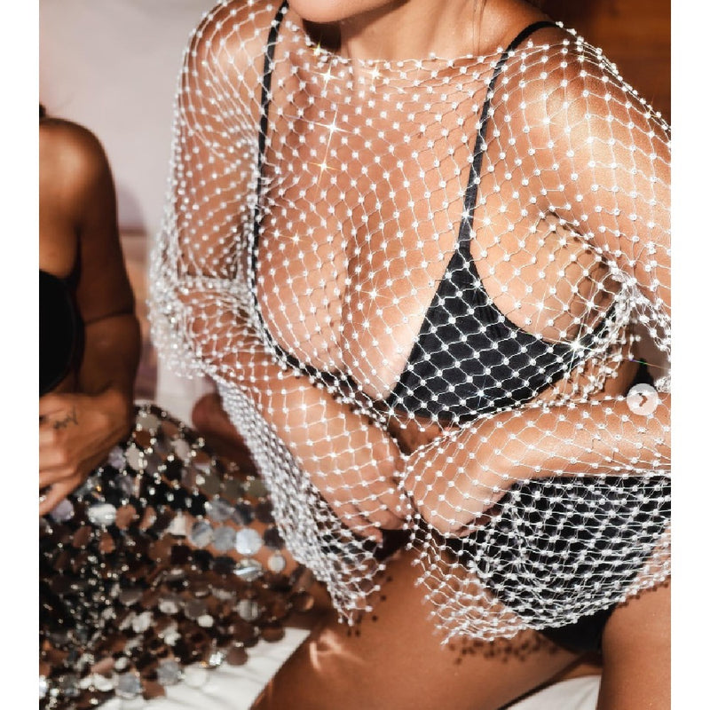 Nightclub Style Sexy Fishnet Plaid Round Neck Sparkling Diamond Top Wholesale Womens Tops