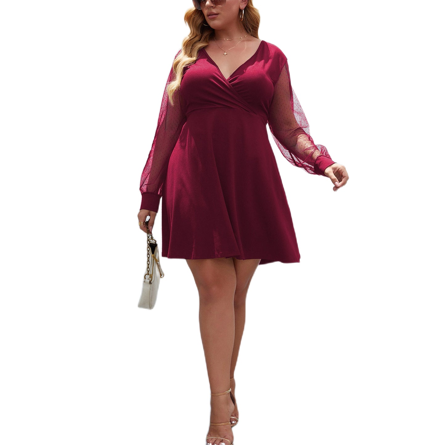 Wholesale Plus Size Womens Clothing See-Through Long-Sleeve Slim Fit Low-Cut Dress