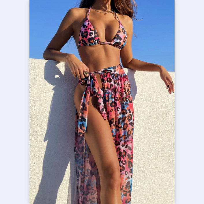 Leopard Print Halterneck Dress Three-Piece Bikini Wholesale Womens Clothing