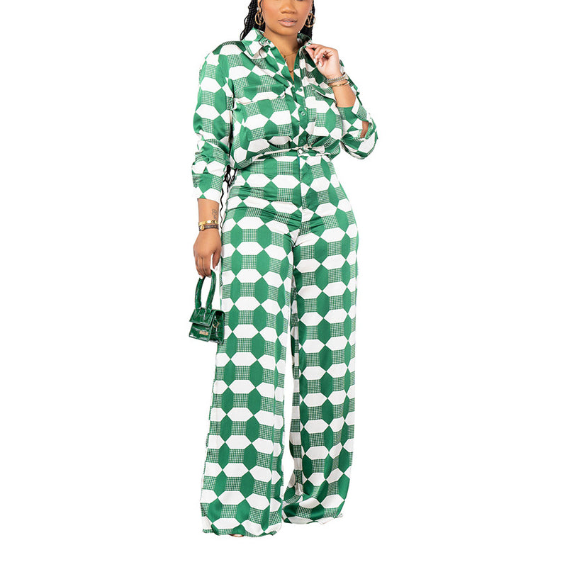 Geometric Pattern Long Sleeve Button Pocket Shirt And Pants Wholesale Womens 2 Piece Sets N3823102000141