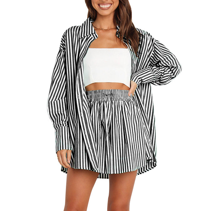 Striped Long Sleeve Women's Casual Set Blouses And Skirts Two-Piece Set Wholesale Womens Clothing N3823103000028