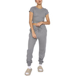 Solid Color Waffle Crew Neck Short Sleeve Pants Suit Wholesale Womens Clothing N3823103000054