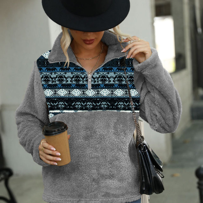 Plush Long Sleeve Stand Collar Pocket Half Zip Sweatshirt Wholesale Womens Clothing N3823111600037
