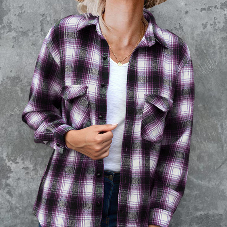 Plaid Button Down All-Match Casual Loose Lapel Shirt Wholesale Women'S Top