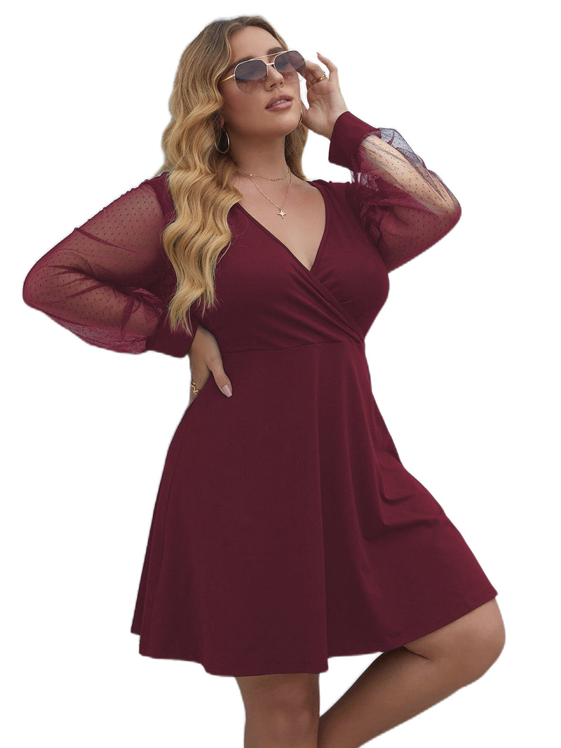 Wholesale Plus Size Womens Clothing See-Through Long-Sleeve Slim Fit Low-Cut Dress