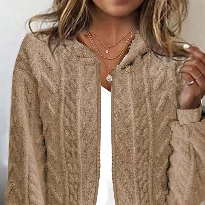 Casual Hooded Jacquard Long Sleeve Plush Jacket Wholesale Womens Clothing