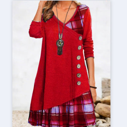 Plaid Stitching Long Sleeve Loose Button Dress Wholesale Dresses