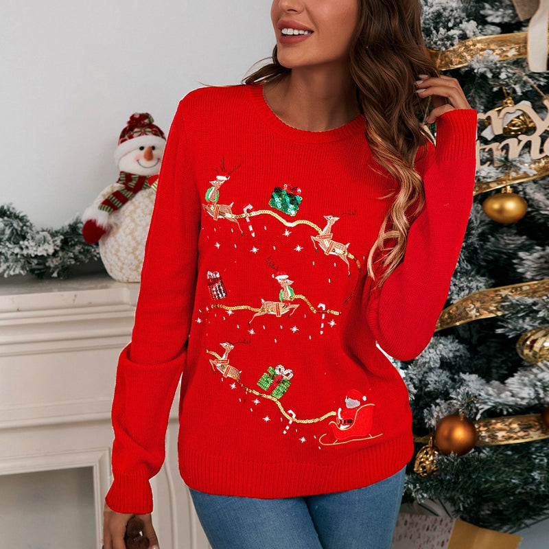 Christmas Knitted Sweater With Fawn Embroidery Wholesale Womens Clothing N3823110200044