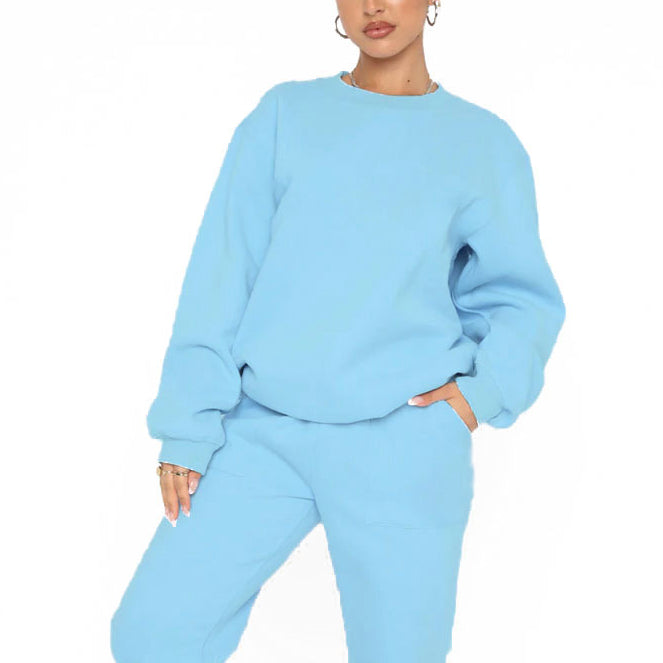 Solid Color Velvet Round Neck Pullover Long Sleeve Sweatshirt Pants Wholesale Two Piece Sets N3823103000052