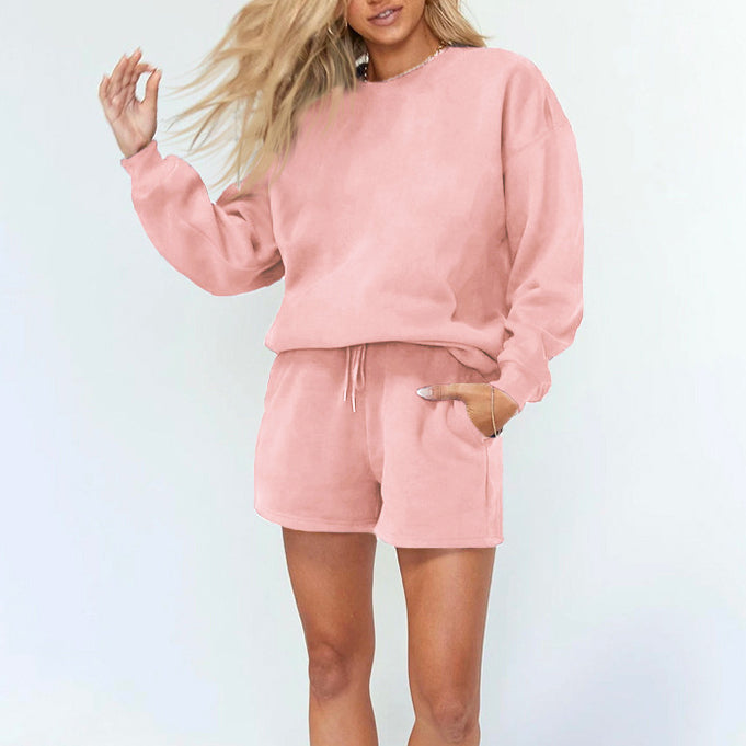 Solid Color Crew Neck Fleece Sweatshirt And Shorts Wholesale Womens 2 Piece Sets N3823103000036