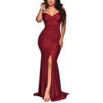V-Neck Off-Shoulder Gown Pleated Slit Maxi Dresses Wholesale Womens Clothing N3823103000063