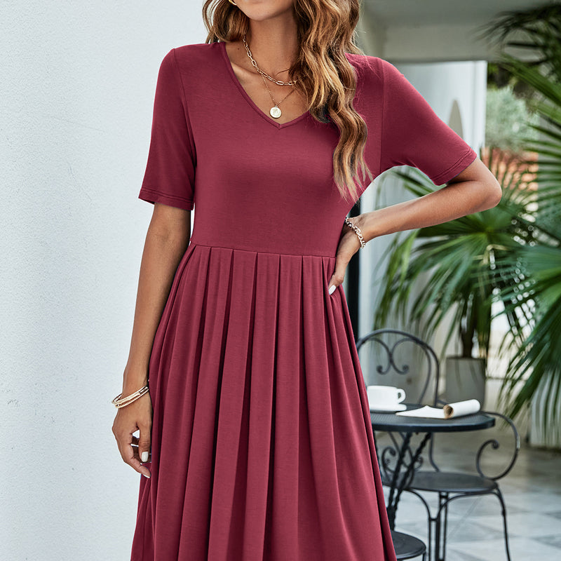 Women's Solid Color V-Neck Pocket Short-Sleeve Pleated Casual Dress Wholesale Womens Clothing N3824010500033