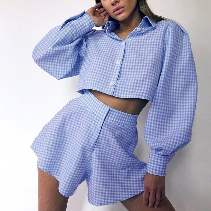 Plaid Long-Sleeved Shirt Crop Tops High Waist Shorts Commuter Suit Wholesale Womens Clothing