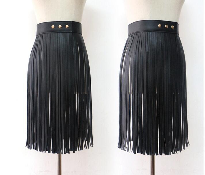 Gypsy Style PU Leather Waistband Long Tassel Half Skirt Wholesale Skirts