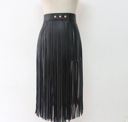 Gypsy Style PU Leather Waistband Long Tassel Half Skirt Wholesale Skirts