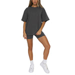 Solid Color Short Sleeve Crew Neck Pullover Top Casual Shorts Set Wholesale Womens Clothing N3823103000023