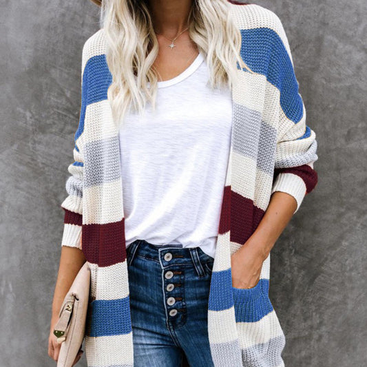 Fashion Long Colorblocked Striped Pocket Knit Cardigan Wholesale Womens Clothing