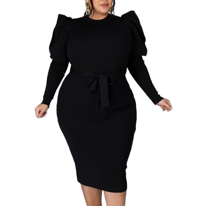 Fashionable Solid Color Long Sleeve Belted Slim Fit Wholesale Plus Size Dress Clothing N3823100900055