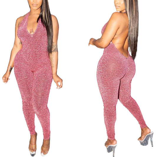 Solid Mesh Sleeveless Halter Backless Jumpsuit Wholesale Womens Clothing N3824011100008