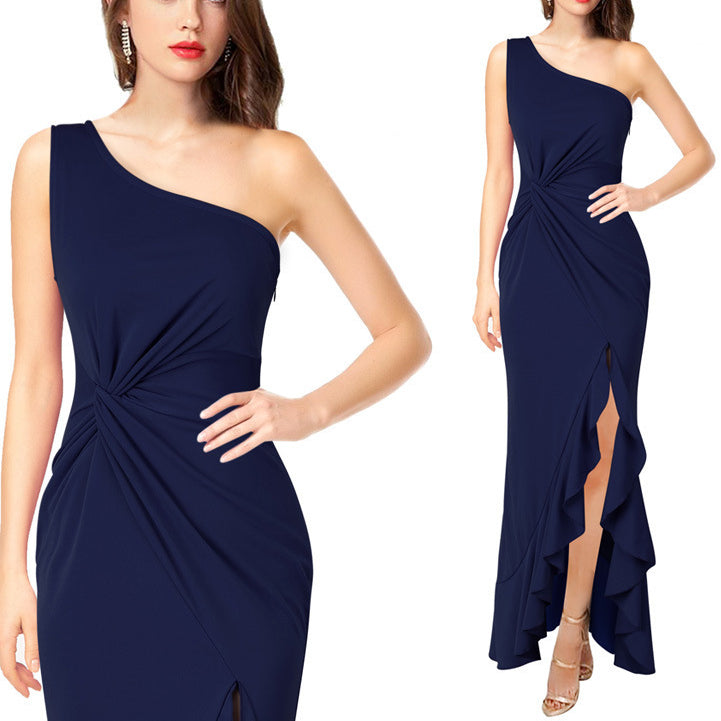 One-Shoulder Solid Color Large-Scale Slim-Fit Banquet Dress Wholesale Dresses