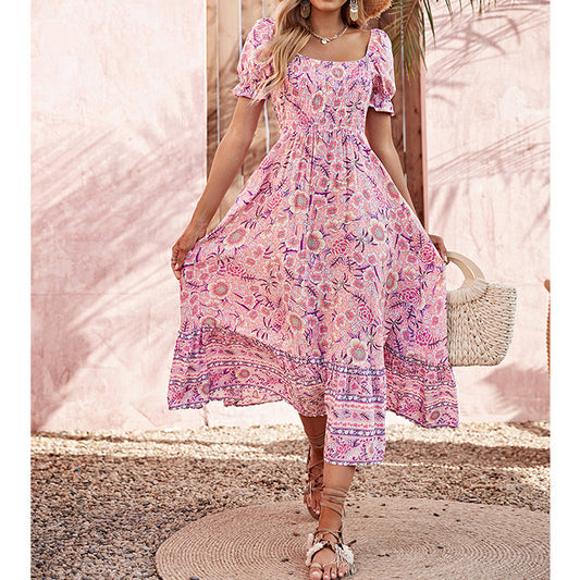 Bohemian Print Square Neck Balloon Sleeve Dress Wholesale Dresses