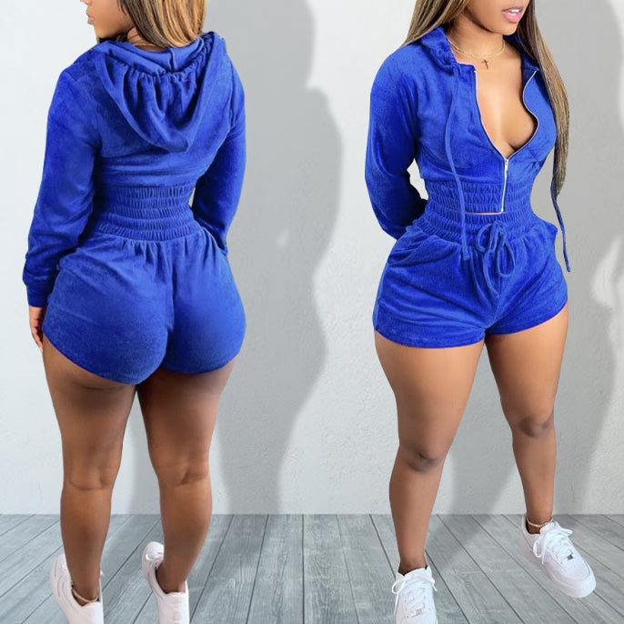 Zipper Hooded Jackets And Shorts Two-Piece Sets Wholesale Womens Clothing N3823070300256