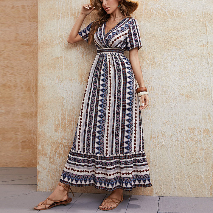 Bohemian Style V-Neck Short-Sleeved Slim-Fit Wooden Ear Dress Wholesale Dresses