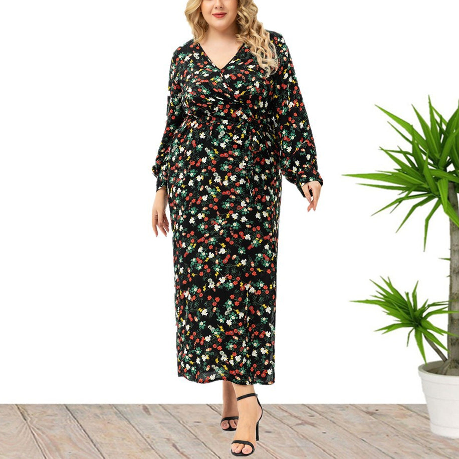 Wholesale Plus Size Clothing Casual V-Neck Long Sleeve Floral Split Dress