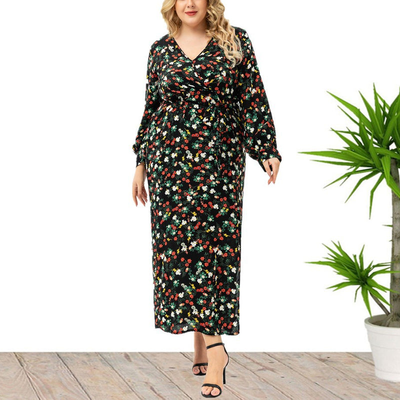 Wholesale Plus Size Clothing Casual V-Neck Long Sleeve Floral Split Dress
