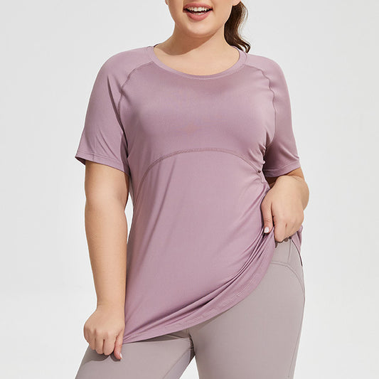 Wholesale Plus Size Womens Clothing Hip Covering Mesh Breathable Short-Sleeved Sports Top