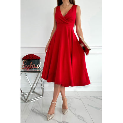 Fashion Solid Color Sleeveless V-Neck Shrink Pleated Hem Dress Wholesale Dresses