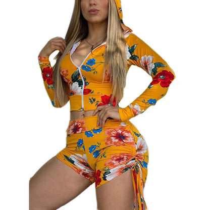 Printed Zipper Crop Tops Drawstring Shorts Set Wholesale Womens Clothing