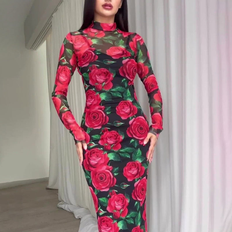 Long Sleeve Floral Print Midi Dress Wholesale Womens Clothing N3823122100005