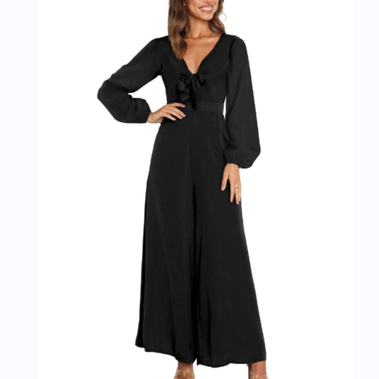 Temperament Commuting Deep V Long-Sleeved Wide-Leg Jumpsuit Wholesale Women'S Clothing