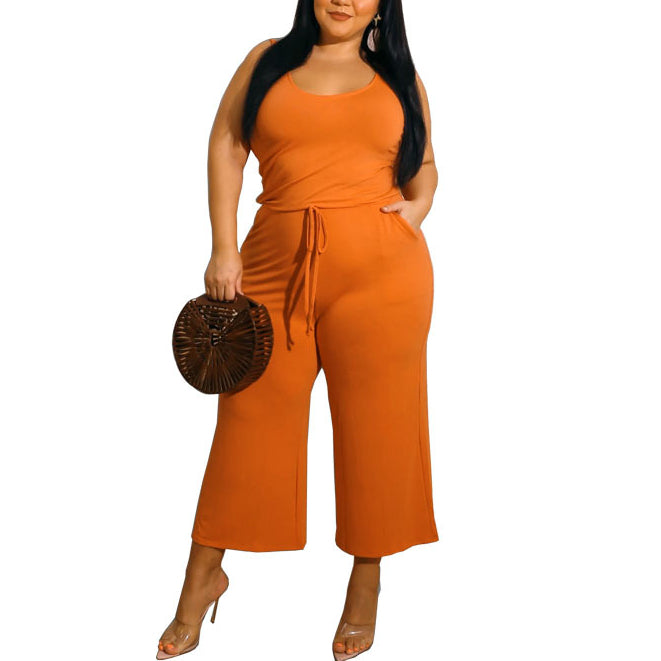Wholesale Plus Size Womens Clothing Sleeveless Casual Solid Color Round Neck Jumpsuit