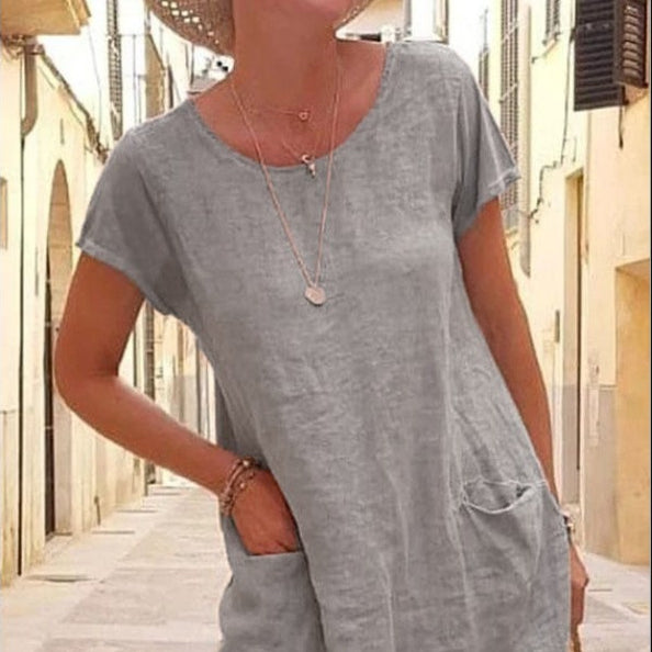 Casual Solid Color Casual Pocket Cotton Linen Dress Wholesale Womens Clothing N3823072600068