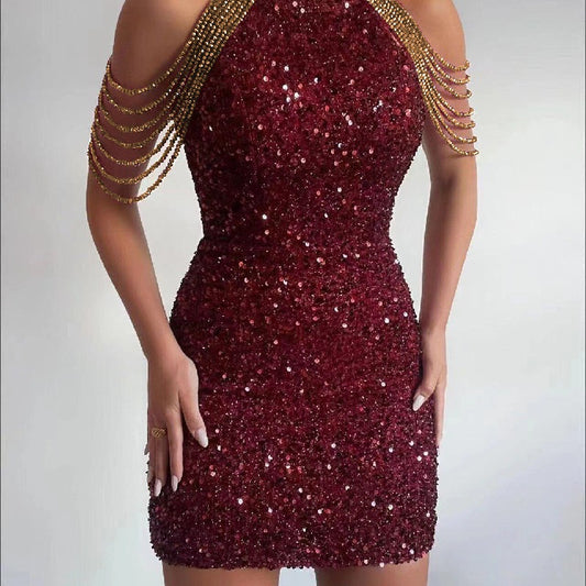 Sexy Hanging Neck Crystal Tassel Sequins Mid Waist Hipster Evening Gowns Wholesale Dresses