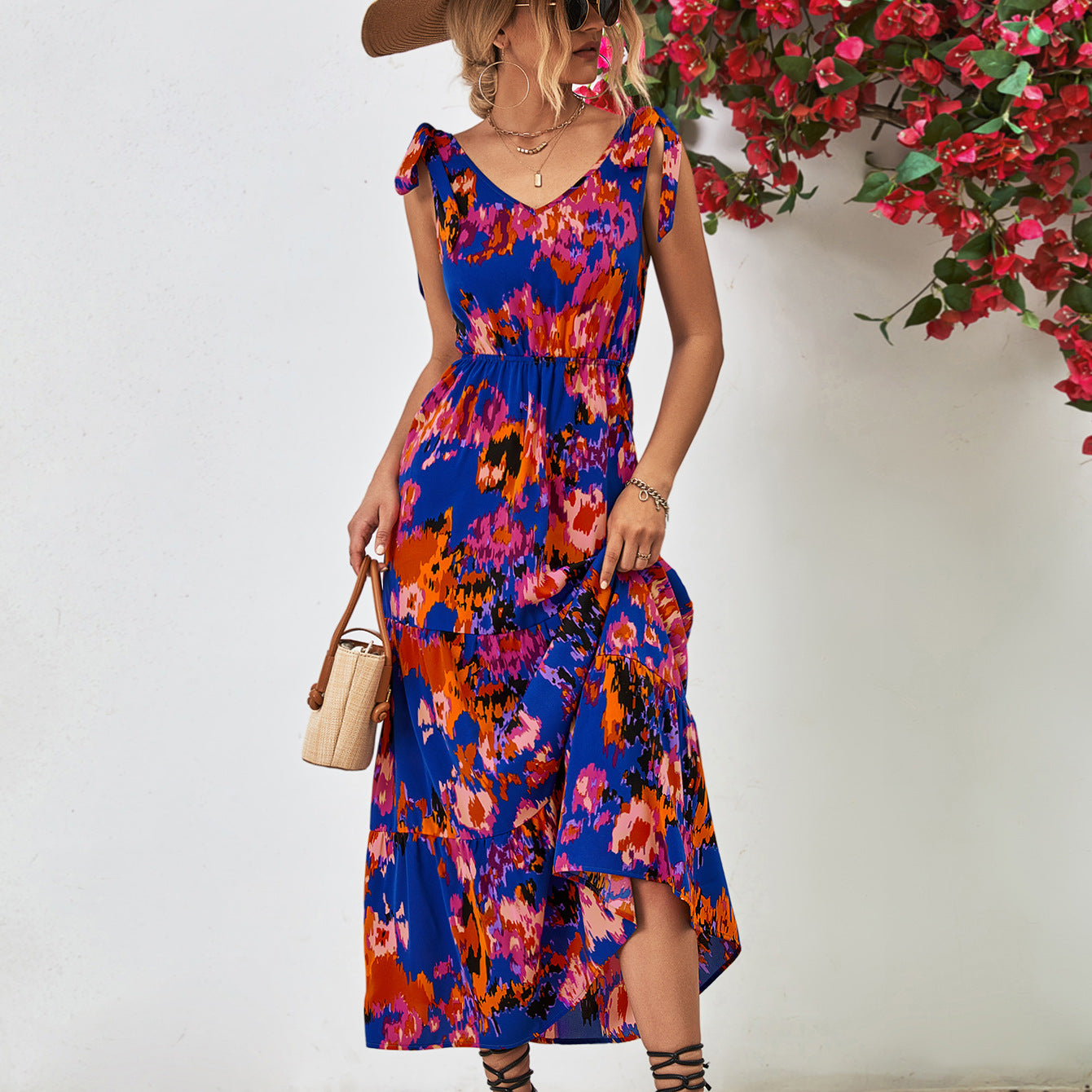 Bohemian Backless Strappy Printed V-Neck Sleeveless Dresses Wholesale Dresses