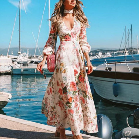 Fashion Deep V Long Sleeve Floral Print Dresses Wholesale Dresses