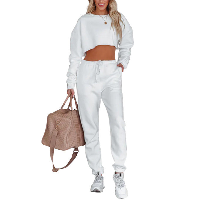 Solid Color Pullover Cropped Sweatshirt And Drawstring Trousers Wholesale Womens 2 Piece Sets N3823103000026