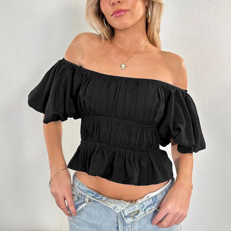 Lantern Sleeve Square Neck Ruffle Pleated Crop Tops Wholesale Women'S Tops