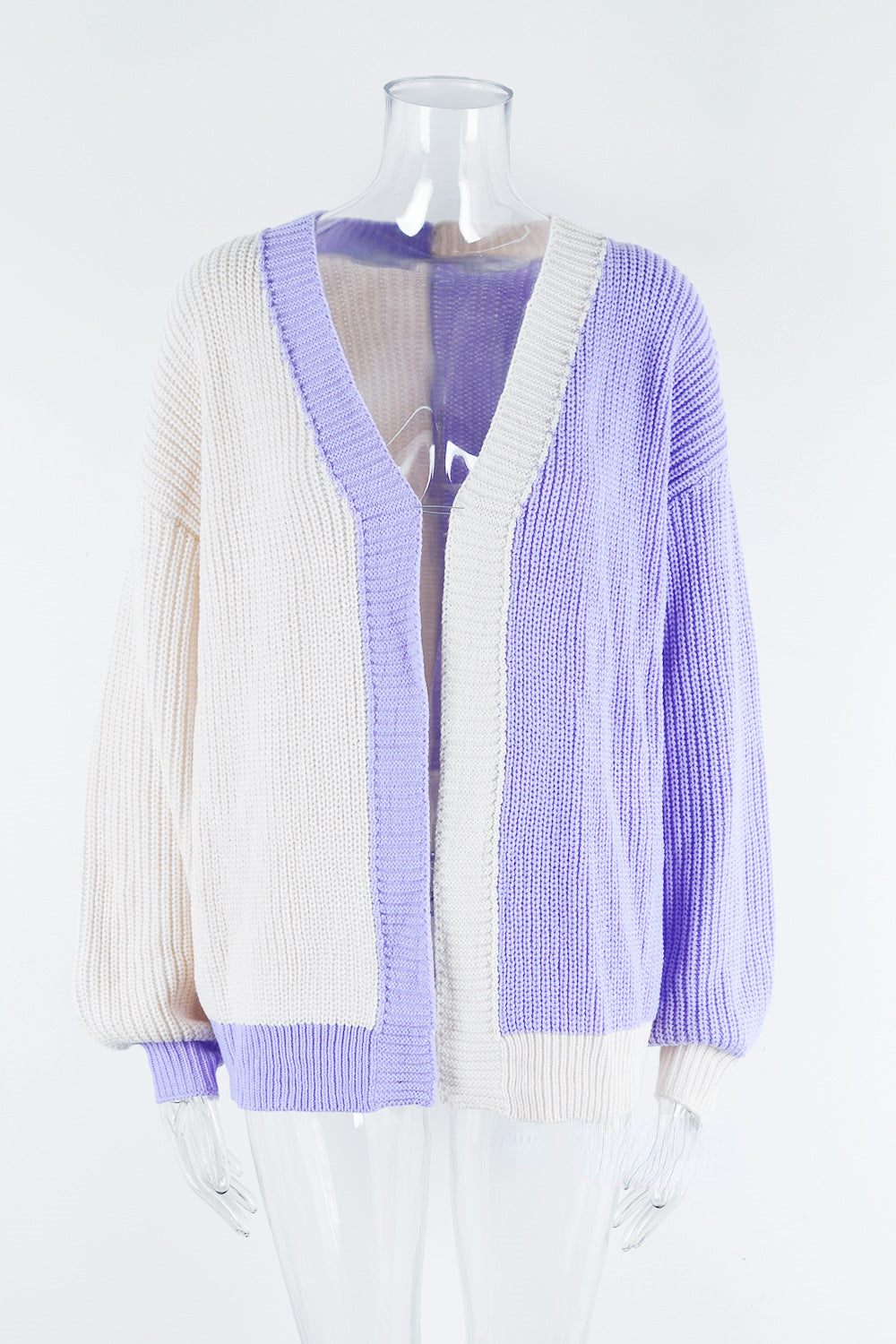 Lantern Sleeve Loose Color Block Knit Cardigan Wholesale Women'S Top