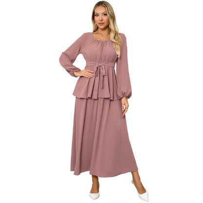 Elegant Round Neck Lantern Long Sleeve Tops Skirts 2-Piece Set Wholesale Womens Clothing N3824082300048