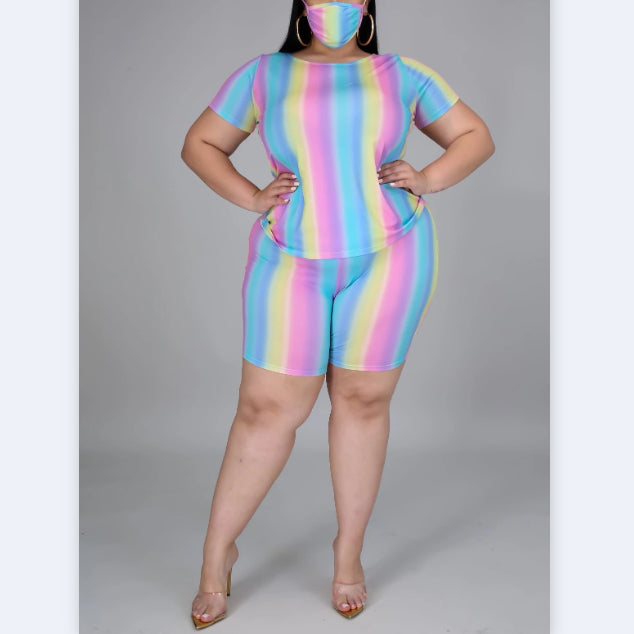 Rainbow Stripe Printed Short-Sleeved Shorts Two-Piece Set Wholesale Womens Clothing Without Mask