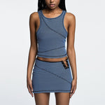 Round Neck Sleeveless Tank Tops Low Waist Skirt Plaid Suit Wholesale Womens Clothing