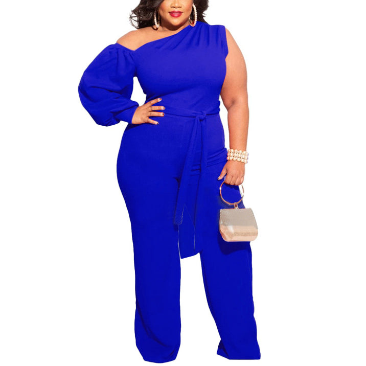 One-Shoulder Solid Color Single Sleeve Jumpsuits And Rompers Wholesale Plus Size Womens Clothing